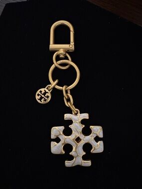 Tory Burch Gold & White Logo Charm Keychain